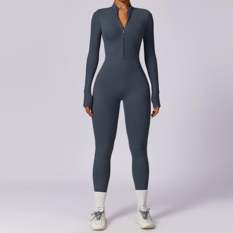 Reißverschluss Langarm-Overall Yoga Fitness Trainingshose Enganliegender, nahtloser Sport-Overall für Damen